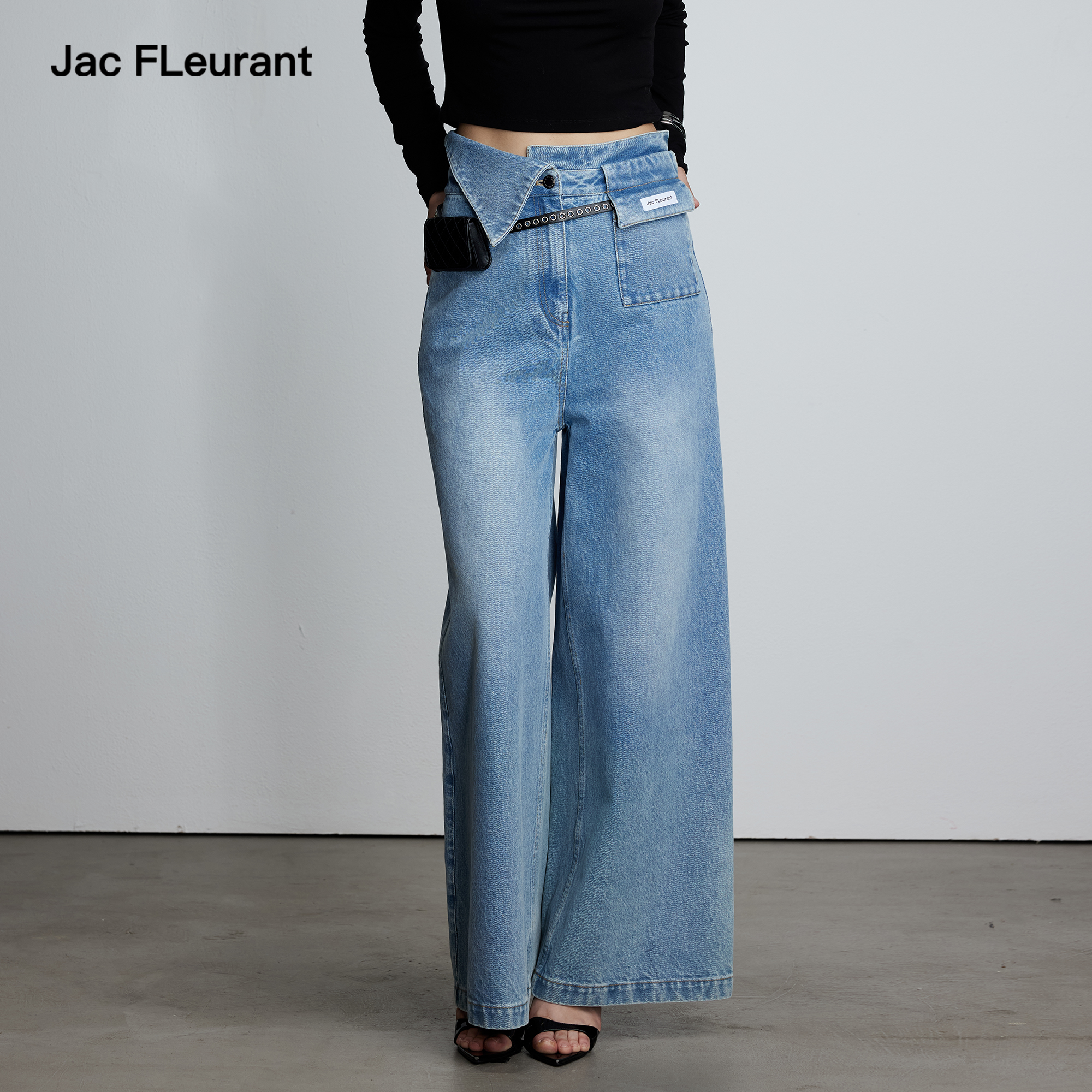 JAC FLEURANT2025秋冬新品不对称口袋高腰头毛边牛仔裤宽松百搭