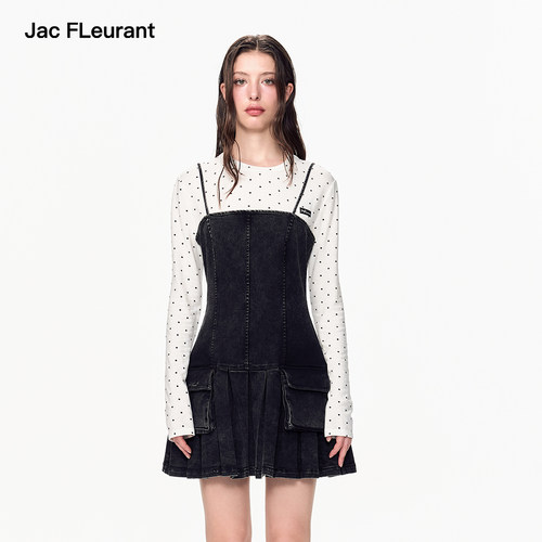 JAC FLEURANT新品立体口袋牛仔百褶吊带裙工装风口袋设计