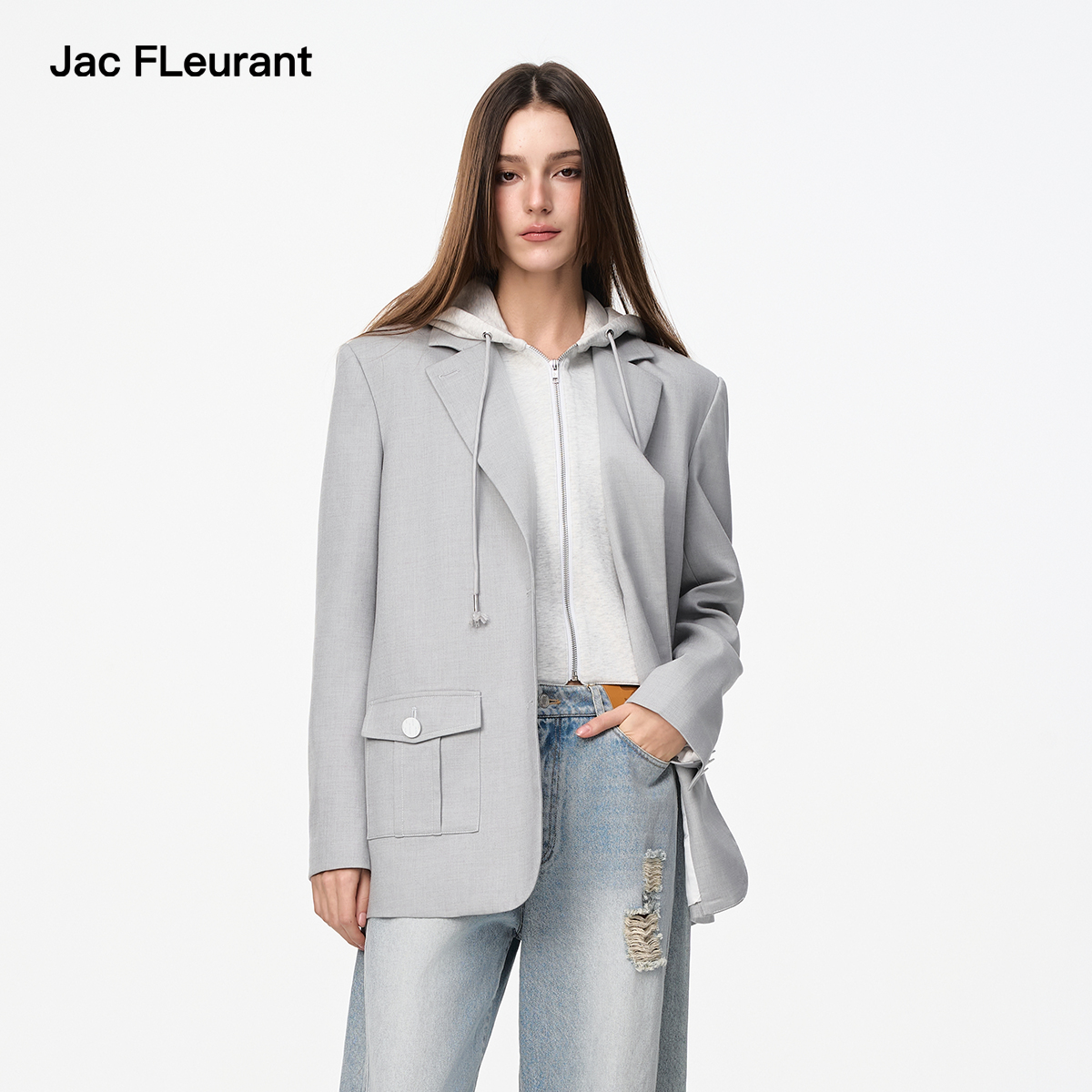 JAC FLEURANT2025秋季新品灰色假两件拼接连帽拉链卫衣西服休闲