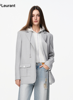 JAC FLEURANT秋季新品灰色假两件拼接连帽拉链卫衣西服休闲