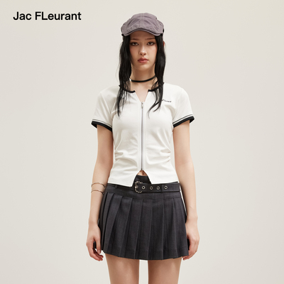 JAC FLEURANT夏季新款短袖T恤女拼色拉链圆领修身小上衣时尚短款