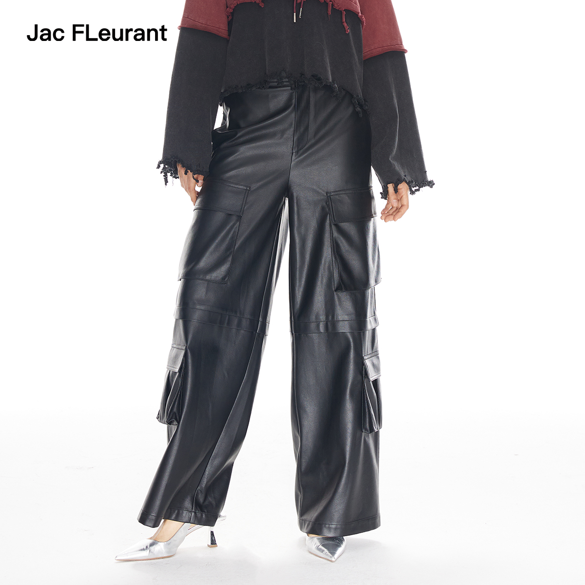 JAC FLEURANT秋冬新款黑色工装风口袋阔腿pu皮裤显瘦百搭
