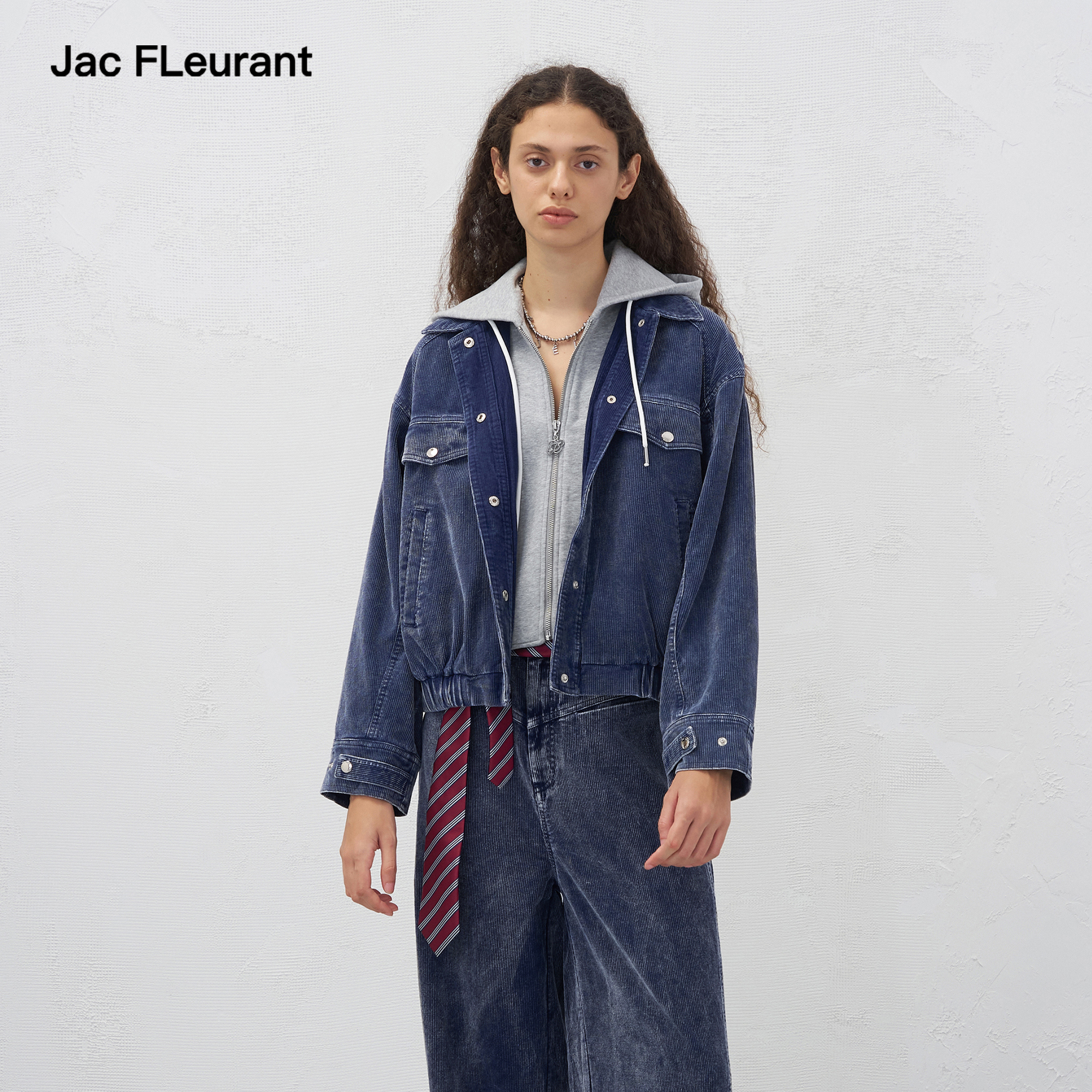 JAC FLEURANT2025秋冬新品灯芯绒水洗假两件连帽外套设计感长裤