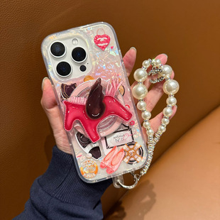 适用苹果17promax磁吸支架手机壳iPhone16小香风手链15pro轻奢14韦雪同款原版13时尚12高级感贝壳纹粉色时代