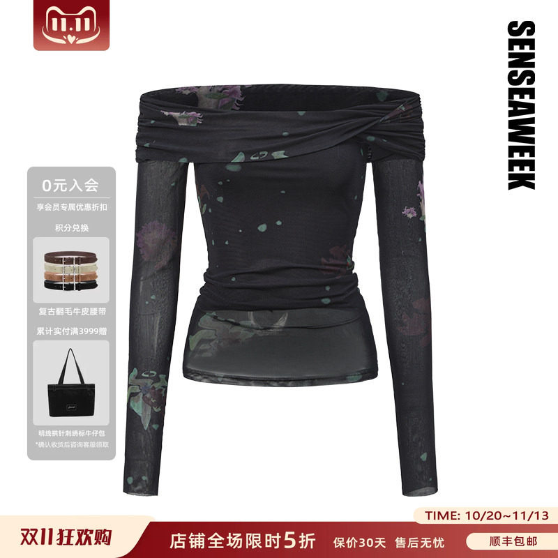 SENSEAWEEK春夏新品轻盈修身长袖抽象印花弹力网纱一字肩上衣