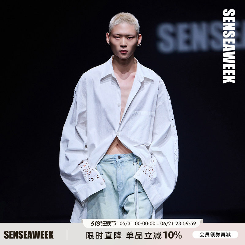 【黄明昊/黄星同款】SENSEAWEEK镂空衬衣刺绣前后拼接阔版衬衫
