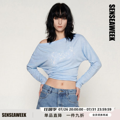 SENSEAWEEK天丝捏褶斜肩打底衫
