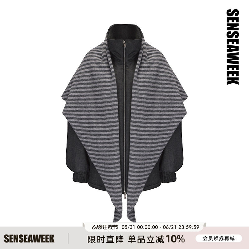 SENSEAWEEK秋冬新品保暖宽松街头感外套可脱卸围巾羊毛毛呢棉服