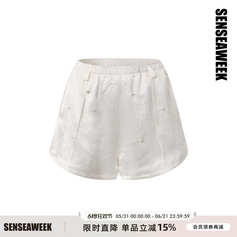 SENSEAWEEK夏季丝滑宽松手缝珍珠休闲裤珠光斜纹醋酸肌理A字短裤