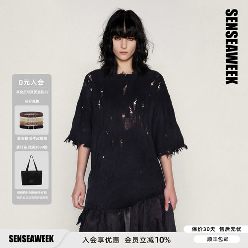 SENSEAWEEK漏针破洞针织短袖T