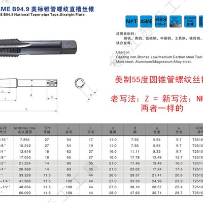 天工含钴不锈钢专用管螺纹丝锥G ZG RC Z NPT 55&deg;60&deg;圆锥