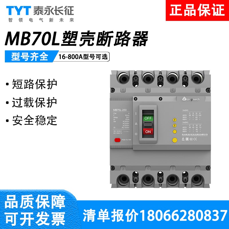 贵州泰永长征塑壳漏电断路器MpB70LM/H-125/4300开关250A400A/800