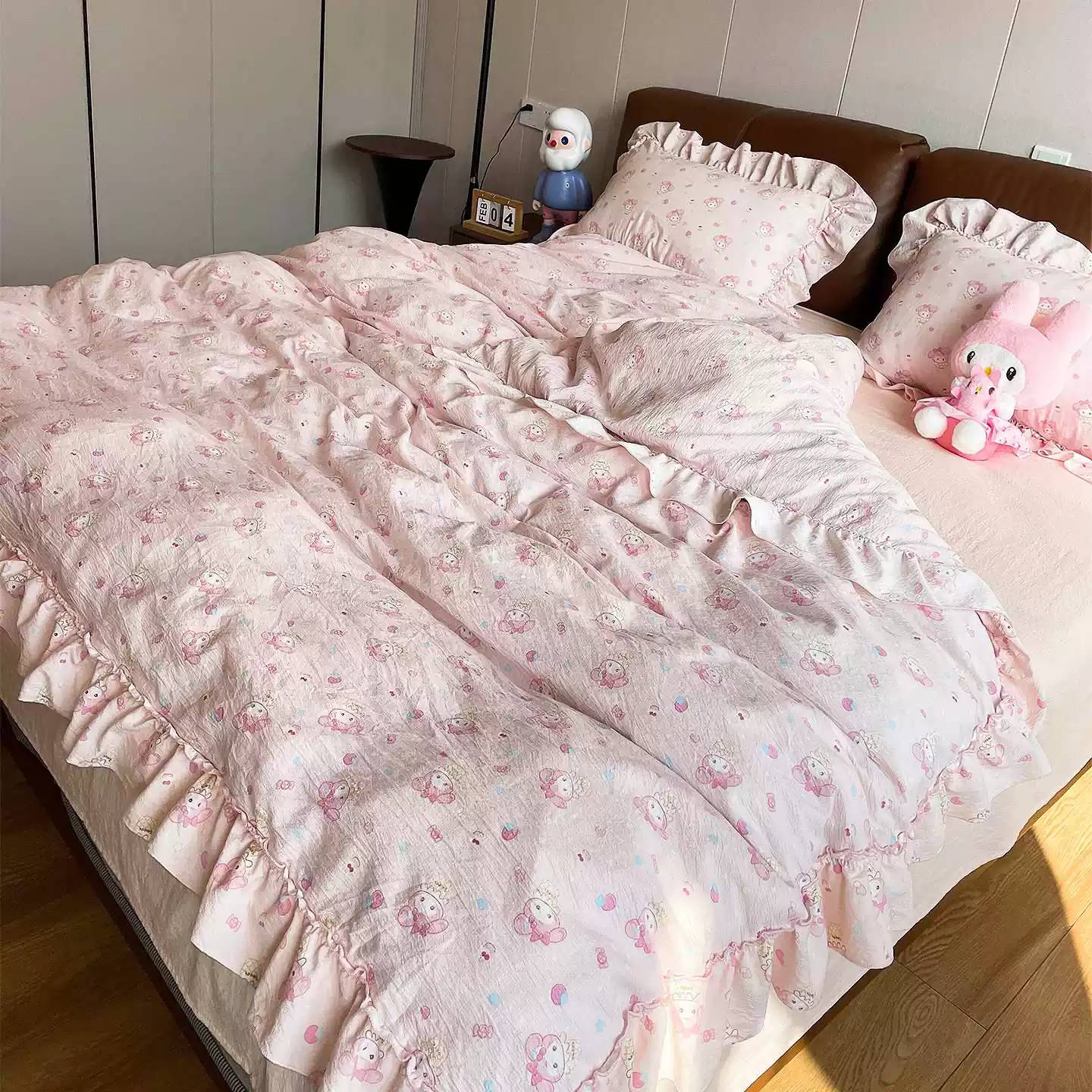 可爱粉色纯棉夏凉四件套女生花边