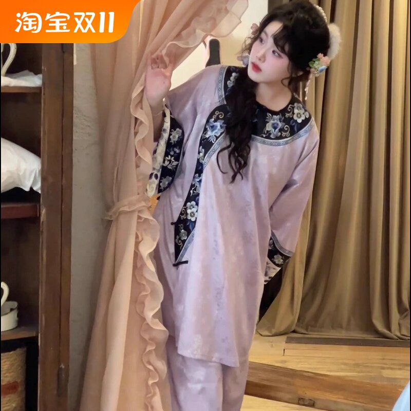 清代女格格服汉服国风圆领斜襟长袖民族风中式复古家居服少奶奶