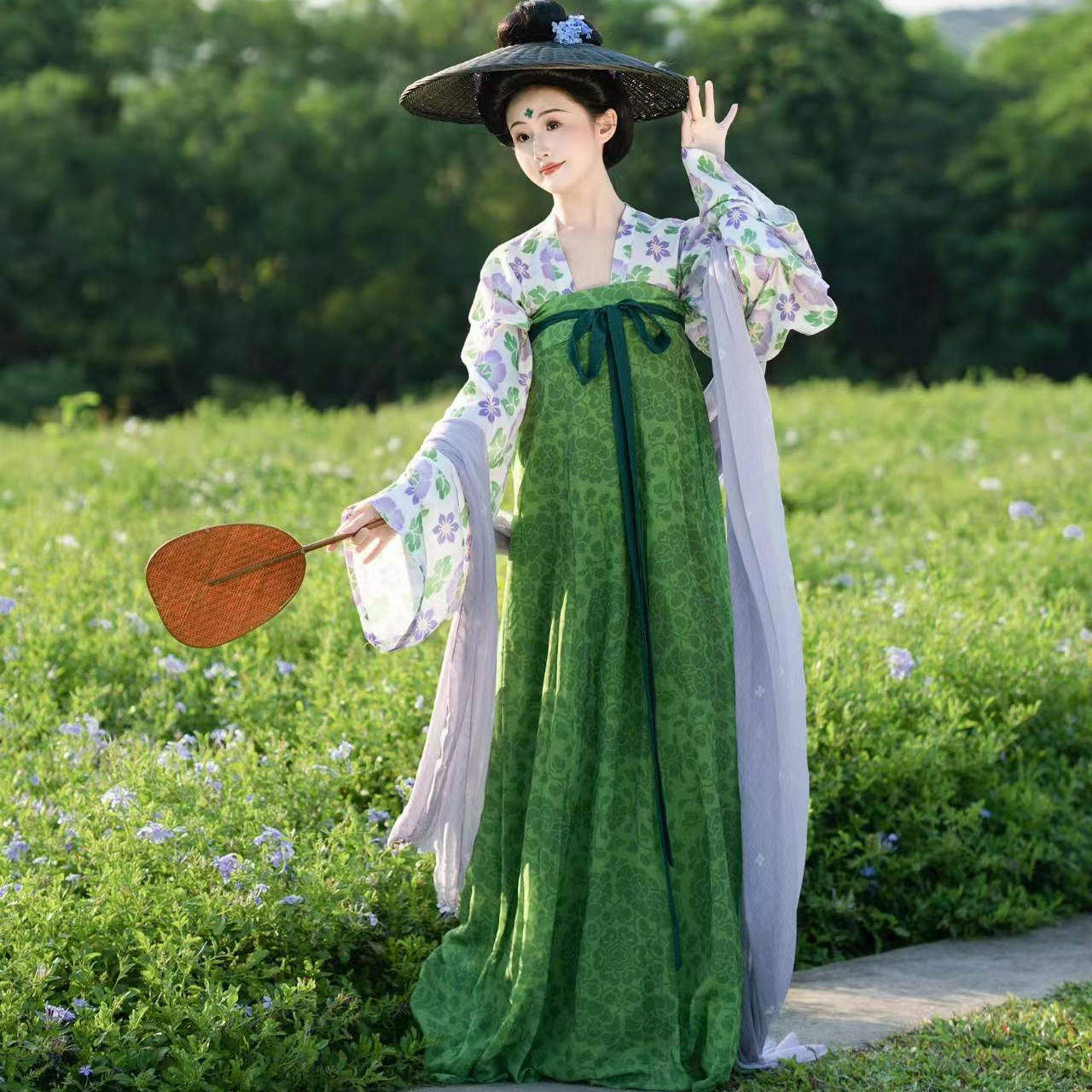 葡萄藤汉服女一片式十二破裙唐舒适复原春古风绿色齐胸襦裙古代
