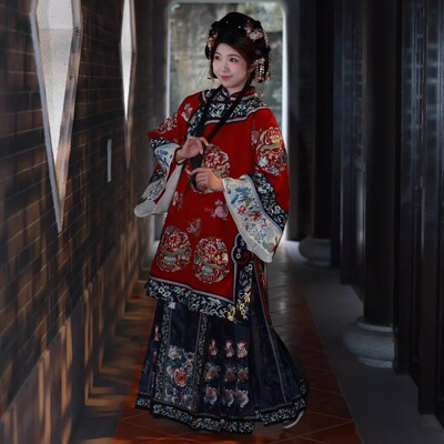 清汉女立领斜襟团花印花套装