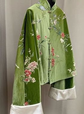 新中式国风盘扣绿色刺绣外套春秋新款大码高级感显瘦唐装丝绒上衣