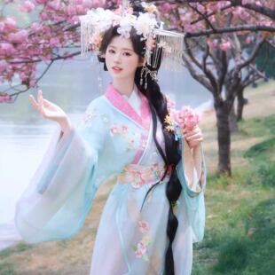 花神战国袍女魏晋南北朝服饰汉服绣花直裾衫刺绣腰封套装春秋时期