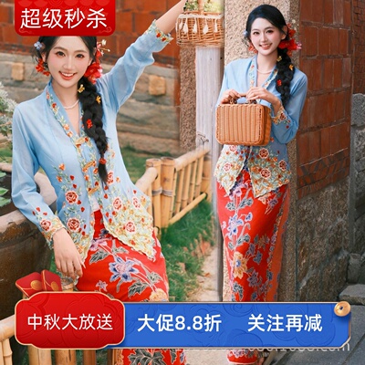 新款西双版纳傣族服装女民族风簪花旅拍清新写真服小娘惹刺绣套装