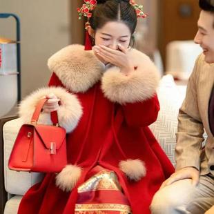 毛领红色呢大衣中长款2026新年战袍新娘结婚高级感外套新中式回门
