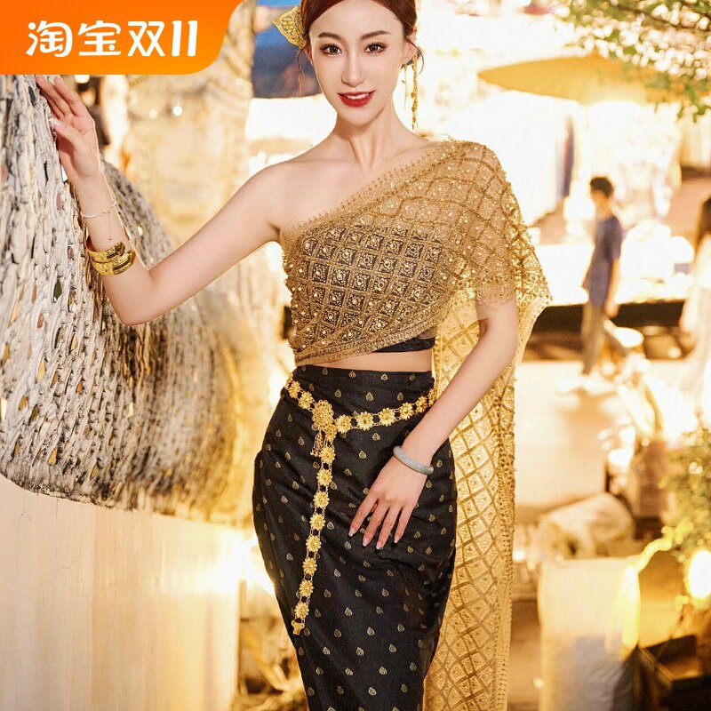 傣族服饰女黑金裹胸披肩套装西双版纳写真泰式按摩制服工作服足浴
