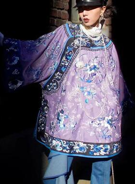 清汉女万针满绣上衣圆领斜襟清朝服新中式叠穿紫色民国晋商少奶奶