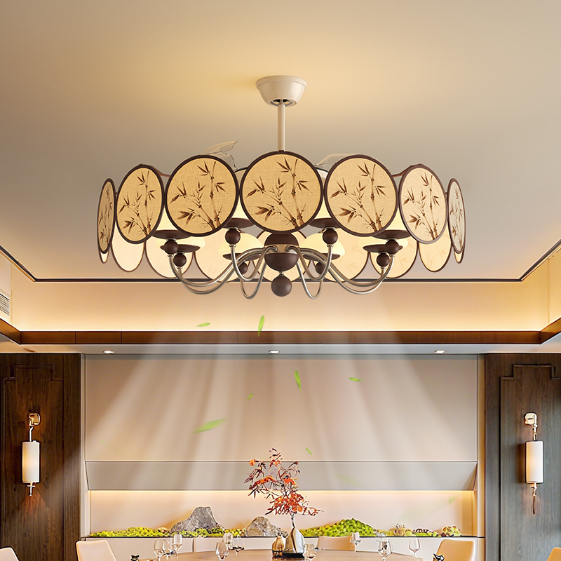 宋式美学客厅吊灯风扇灯新中式布艺吊扇灯茶室卧室复古静音吊扇灯