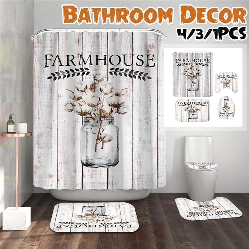 4/3/1PCS Waterproof Shower Curtains Set Non-Slip Bath Mats S
