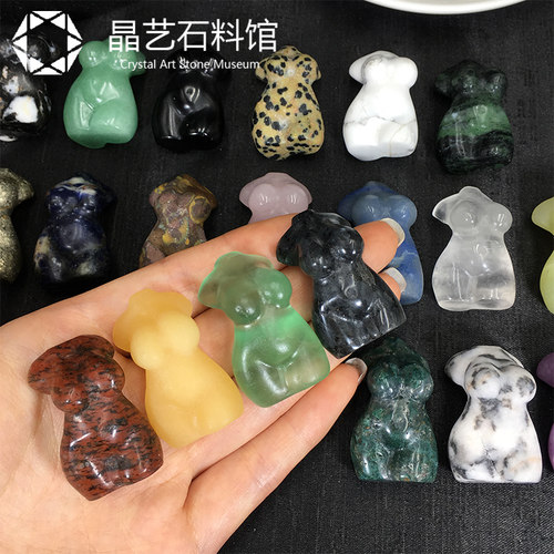 好货天然水晶原石迷你女模特3.5cm手工雕刻件粉晶黑曜石黄铁矿石