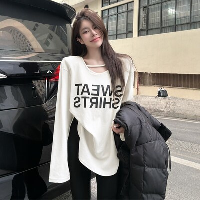 中长款打底衫女秋冬不规则配鲨鱼裤的遮屁股内搭长袖T恤白色上衣