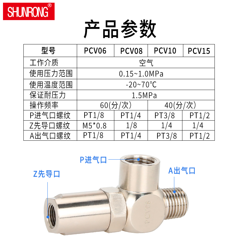 顺荣/亚德客诱导止回阀PCV-08/06/10/15气缸锁止阀气控保压止逆阀