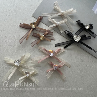 蕾丝欧根纱双层飘带结手工堆钻布艺网纱爱心结美甲饰品钻