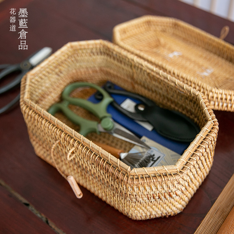 极速中式日式小原流花道插花剪刀工具收纳盒储物花篮手工藤编手提