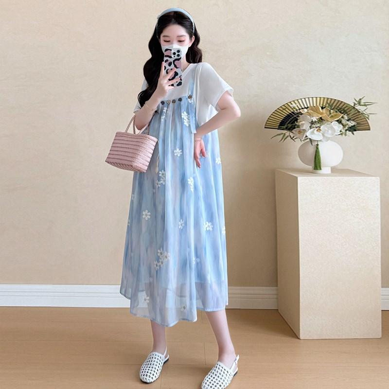 好货孕妇连衣裙夏款2025新款韩版孕妇装宽松遮肚假两件薄款雪纺裙