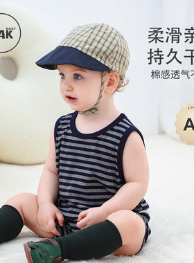 Oak mont宝宝夏季连体衣新生儿条纹无袖背心哈衣婴儿薄款外出服