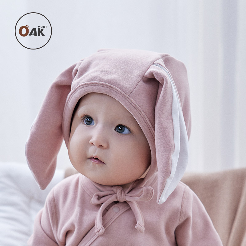 Oak mont长耳朵兔婴儿帽子秋季可爱男女宝宝胎帽新生儿护头帽