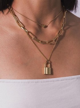 .Ingemark Multi Layer Lover Lock Pendant Choker Necklace Ste