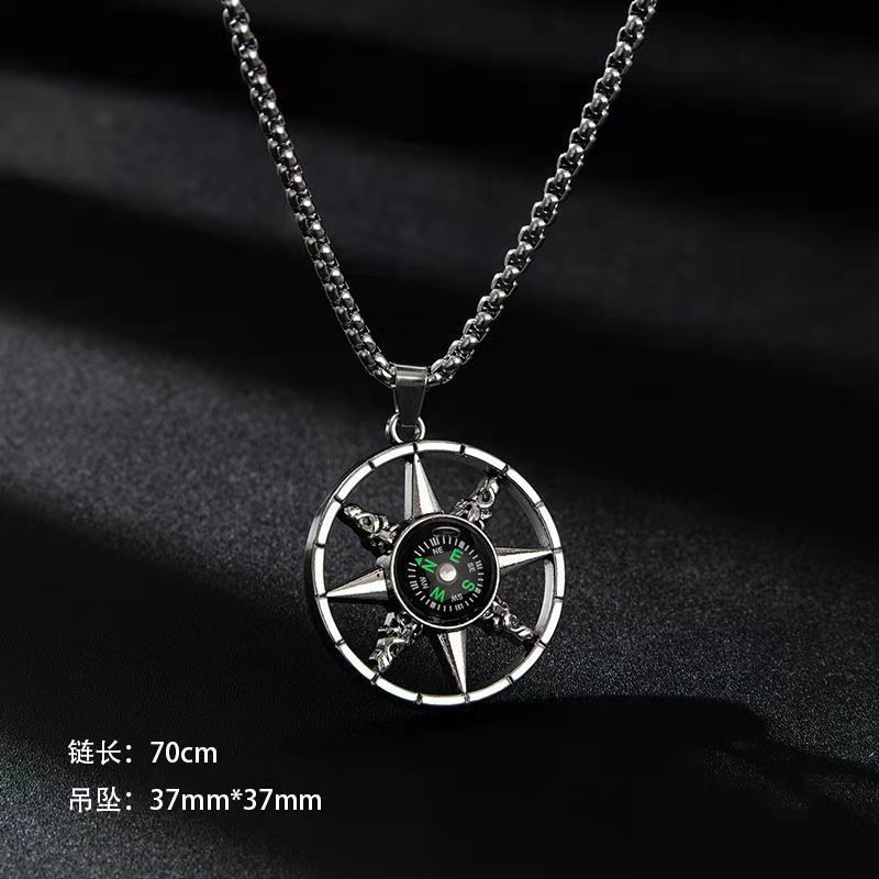 European and N Retro Compass Titanium Steel Necklace Men and