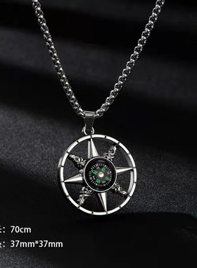 European and N Retro Compass Titanium Steel Necklace Men and