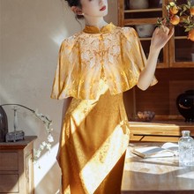 新品新中式晨袍女新娘结婚晨拍高级感出阁宴订婚礼服裙黄色旗袍敬