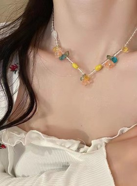 多巴胺彩色蝴蝶串珠项链 女个性甜美百搭锁骨链 时尚网红七彩颈炼