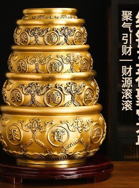 全铜五福聚宝盆客厅桌面摆件中式家居店铺酒柜存钱罐黄铜米缸实心