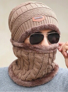 极速Men Winter Knit Hat boys cap+scarf warm Shawl Neck Wrap