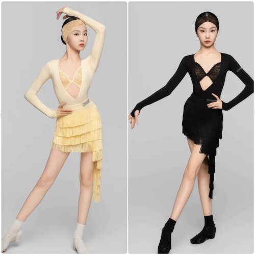 新款女童拉丁舞蕾丝流苏练功服
