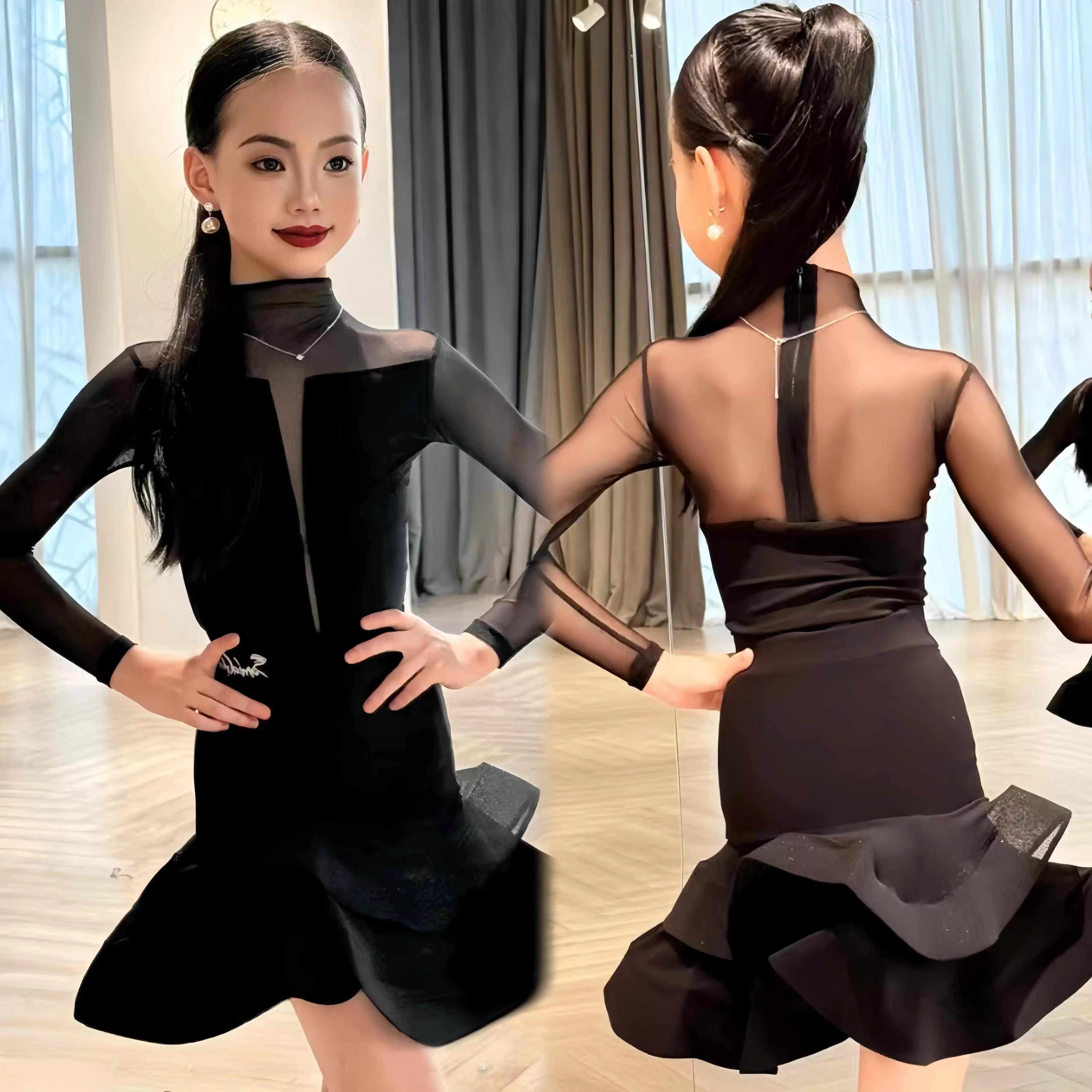 SQ同款拉丁舞练习服冬季女童长袖连体上衣网纱拼接修身鱼骨大摆裙