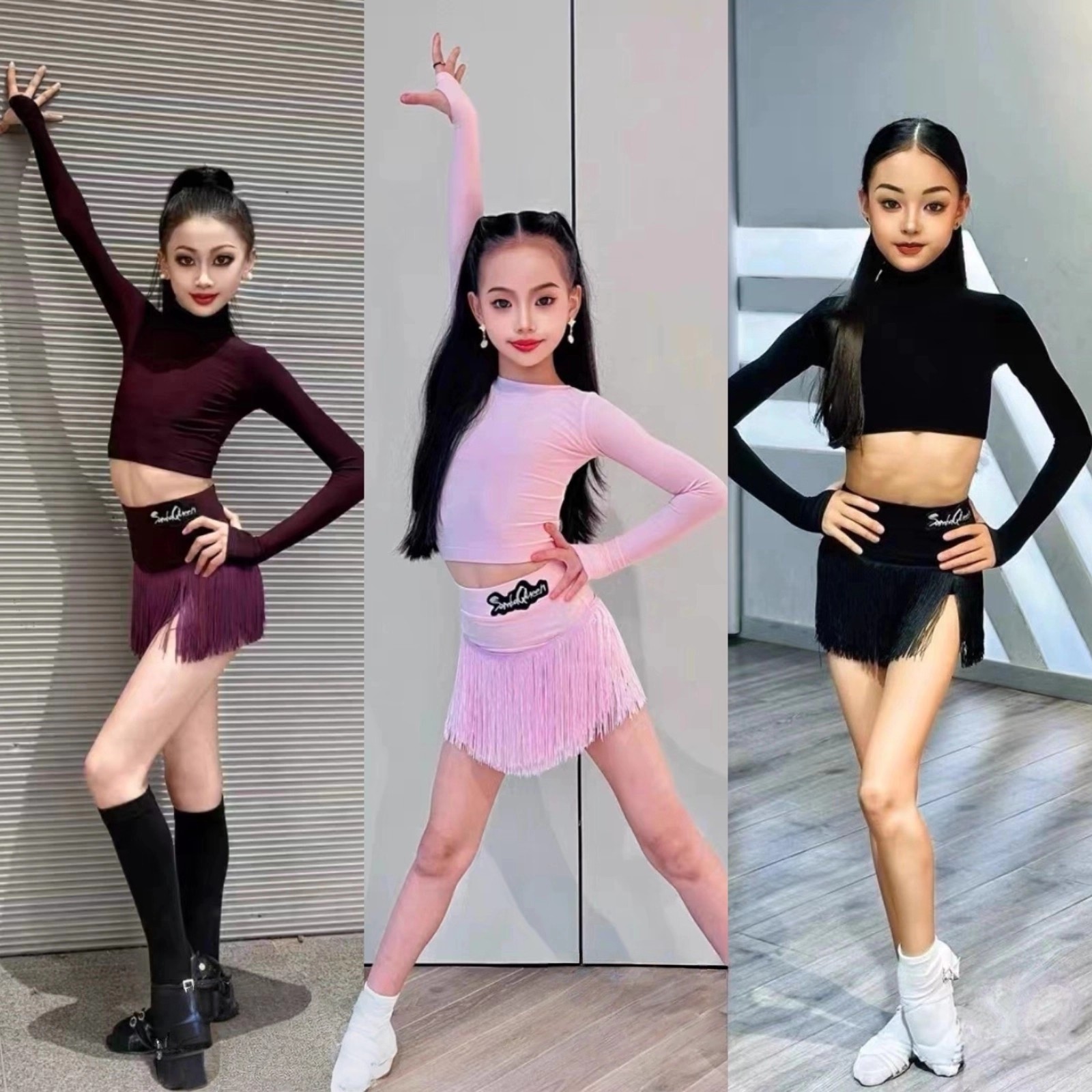 新款时尚女童高领拉丁舞练功服