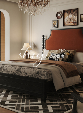 时余瑞莎冰柱橡木床复古黑色美式大气高脚款法式中古风2米2实木床