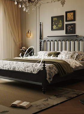 时余伊梵法式实木床复古温莎床美式高柱中古风床主卧黑色古典婚床