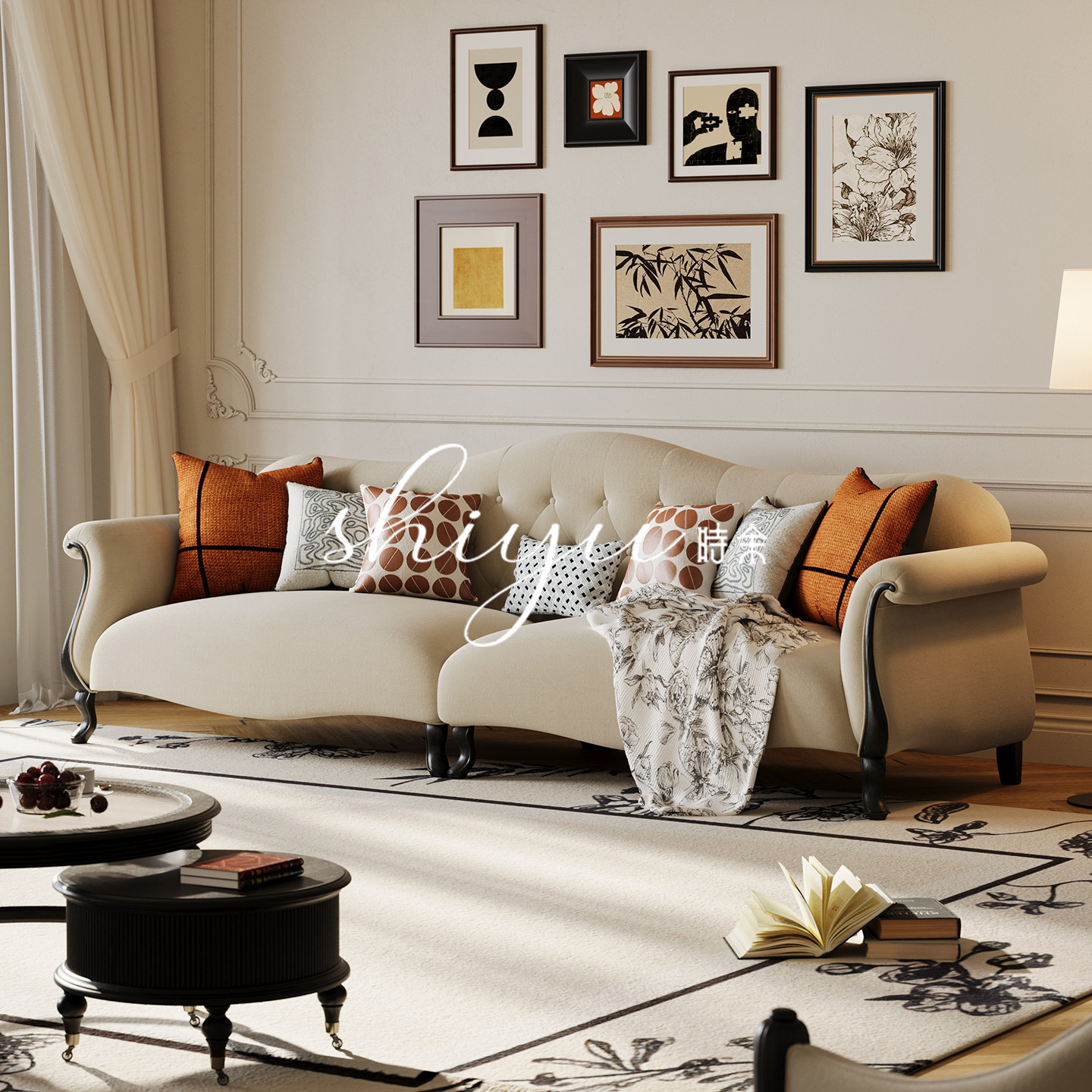 时余黛莲娜沙发实木直排布艺复古油蜡皮法式中古风客厅组合三人位,住宅家具,实木沙发,淘宝优惠券,粉丝福利购,淘宝优惠卷