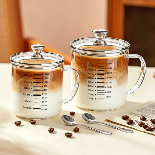 食品级耐高温刻度玻璃杯带盖牛奶杯家用水杯可加热咖啡杯早餐杯子